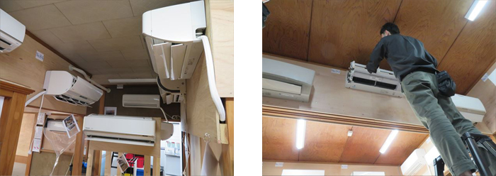 日本エアコンクリーニング協会研修センター第二教室内に設置された各種エアコン